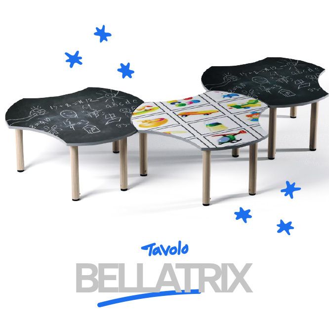 Tre tavoli Bellatrix di colori diversi accostati a formare un unico ripiano